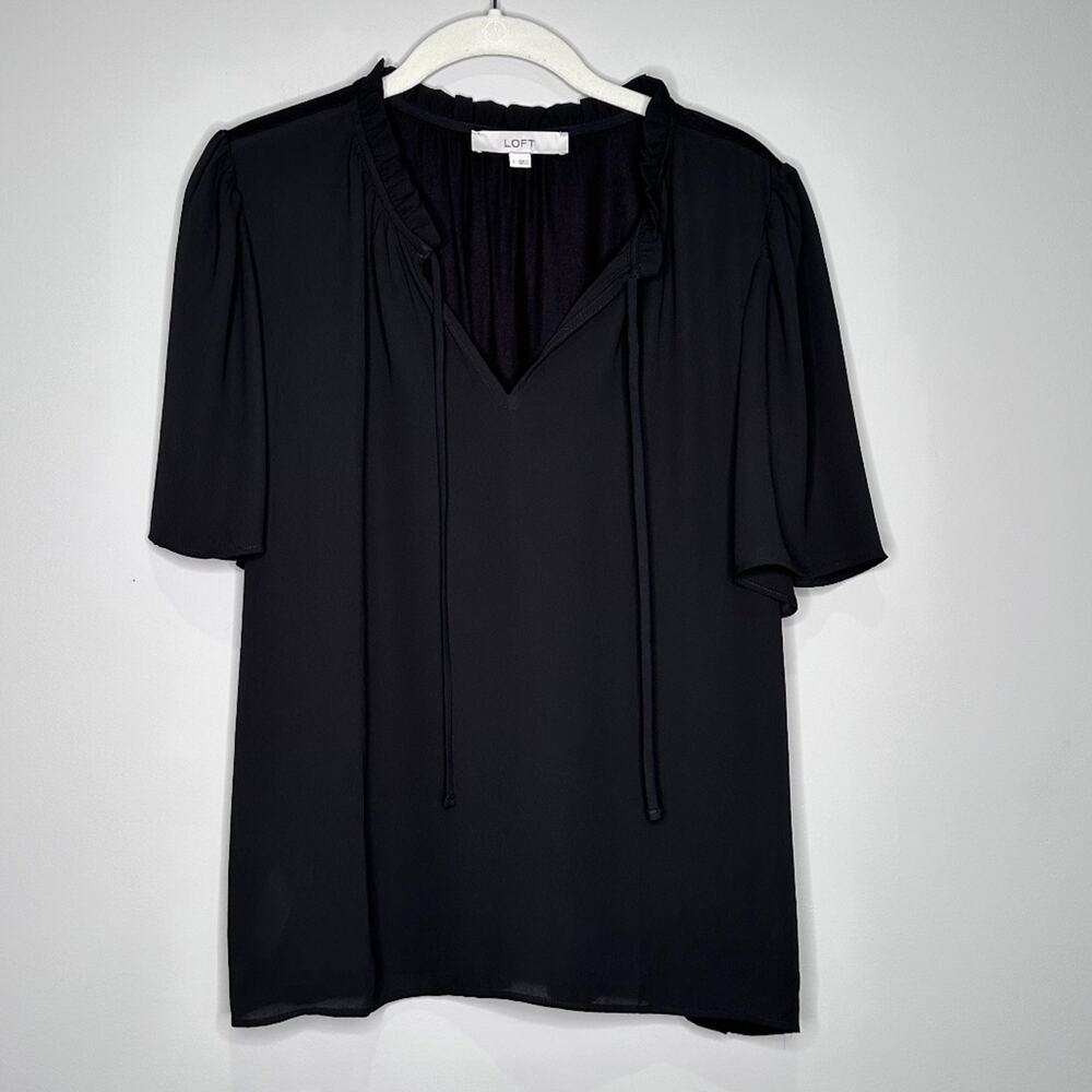 Ann Taylor LOFT Ruffle Tie Neck Mixed Media Top, Black, Size Small